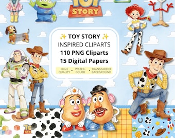 May include: A digital collection of Toy Story themed clipart featuring watercolour illustrations of characters like Woody, Buzz Lightyear, Jessie, and Mr. and Mrs. Potato Head, alongside digital papers with patterns and the text Toy Story Inspired Cliparts.