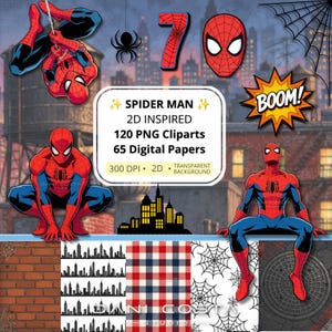 May include: A digital collection featuring Spider-Man graphics, including a red and blue character in various poses, a spider web, a spider, a number 7, and a BOOM comic burst. Text reads: SPIDER MAN 2D INSPIRED 120 PNG Cliparts 65 Digital Papers 300 DPI 2D TRANSPARENT BACKGROUND.