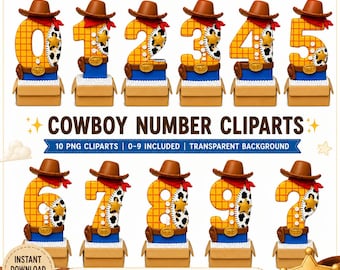 Toy Story Cowboy Number Cliparts PNG Bundle | Numbers 0-9 Digital Download | Western Birthday Numbers | Sheriff Party Clipart | Transparent