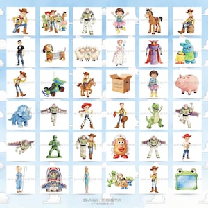 May include: A collection of watercolour illustrations featuring various characters and objects from the Toy Story franchise, arranged in a grid pattern against a light blue background with white clouds and the text Dani Costa Studio.