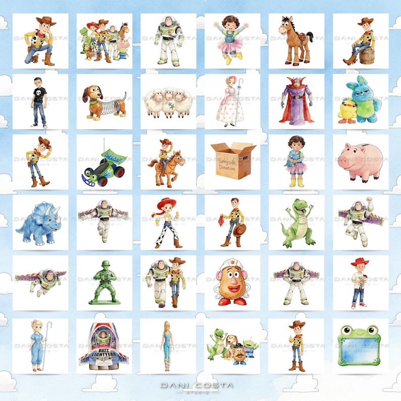 May include: A collection of watercolour illustrations featuring various characters and objects from the Toy Story franchise, arranged in a grid pattern against a light blue background with white clouds and the text Dani Costa Studio.