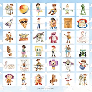 May include: A grid of watercolour illustrations featuring characters and objects from the Toy Story franchise, including Woody, Buzz Lightyear, Jessie, Mr. Potato Head, a pizza slice, a rocket, a toy phone, and the Toy Story logo on a light blue background.