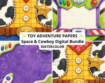 May include: A digital bundle of watercolor papers featuring patterns inspired by a cowboy vest with a sheriff badge and a space ranger suit. The designs include a yellow plaid shirt, cow print, a brown belt, and a purple space background with a rocket.