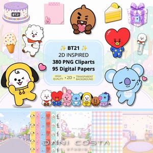 May include: A digital collection of BT21 character graphics featuring 380 PNG cliparts and 95 digital papers. The image displays various cartoon characters including a white alpaca, a red heart, a blue koala, and a yellow dog, alongside patterned backgrounds.