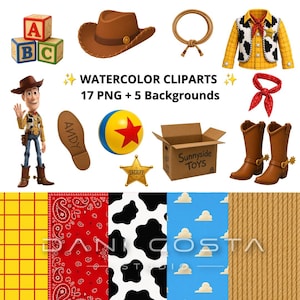 May include: A collection of digital watercolor clipart featuring a cowboy doll, a brown hat, a lasso, a yellow and white shirt with a cow print vest, a red bandana, a ball with a red star, a sheriff badge, and a box labeled Sunnyside Toys.