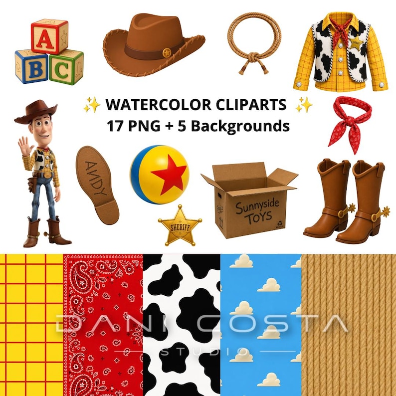 May include: A collection of digital watercolor clipart featuring a cowboy doll, a brown hat, a lasso, a yellow and white shirt with a cow print vest, a red bandana, a ball with a red star, a sheriff badge, and a box labeled Sunnyside Toys.