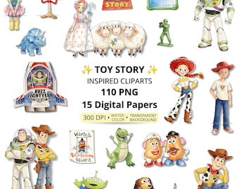 May include: A collection of Toy Story themed digital illustrations featuring characters like Buzz Lightyear, Woody, Jessie, Bo Peep, Rex, Slinky Dog, and Mr. Potato Head, alongside text reading TOY STORY INSPIRED CLIPARTS 110 PNG 15 Digital Papers.