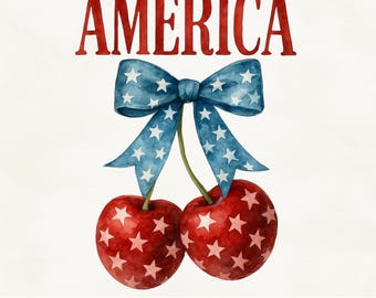 Patriotic Cherries PNG & PDF – 4th of July Digital Download | Watercolor Stars and Stripes Bow Clipart | America Sublimation Design