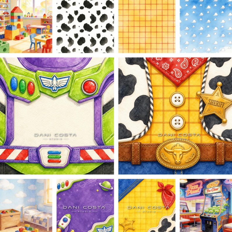 May include: A collection of watercolour illustrations featuring character-inspired costumes, including a purple and green space ranger suit and a yellow plaid sheriff outfit with a cow print vest, alongside patterns of clouds, cow spots, and room scenes.