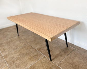 Mid-Century Modern Style Wood Coffee Table: Rectangular Oak & Birch Ply Top, Metal Legs