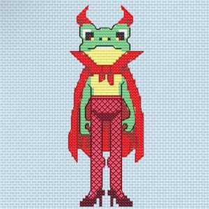 May include: A cross-stitch design of a frog character with red horns, a red cape, and fishnet stockings. The frog has a green body, yellow chest, and red accents. The background is a light blue grid.
