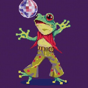 May include: A green frog wearing red and yellow bell bottoms and a red shirt is juggling a disco ball. The frog has large, red eyes and a wide smile.