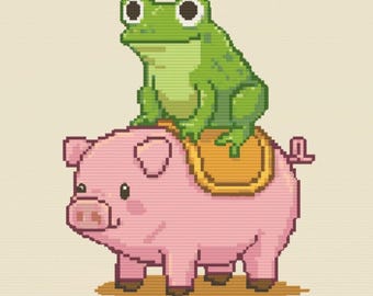 Froggy Pig Jockey - PDF cross stitch pattern digital download only-  frog riding pig
