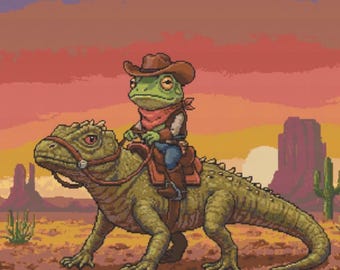 Cowboy frog and his noble steed cross stitch pattern