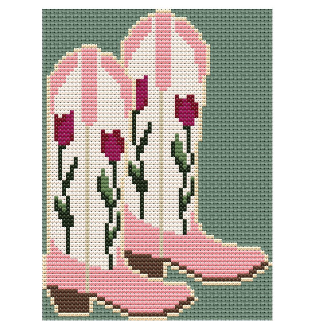Cowboy boots cross stitch pattern flowers