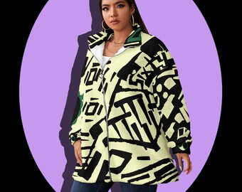 DIAMOND SIXTY Cardi-Coat- Plus Size Warm Fleece Coat, Fall-Winter Coat Stand-up Collar Coat with front silver Zipper, Allover Abstract Print