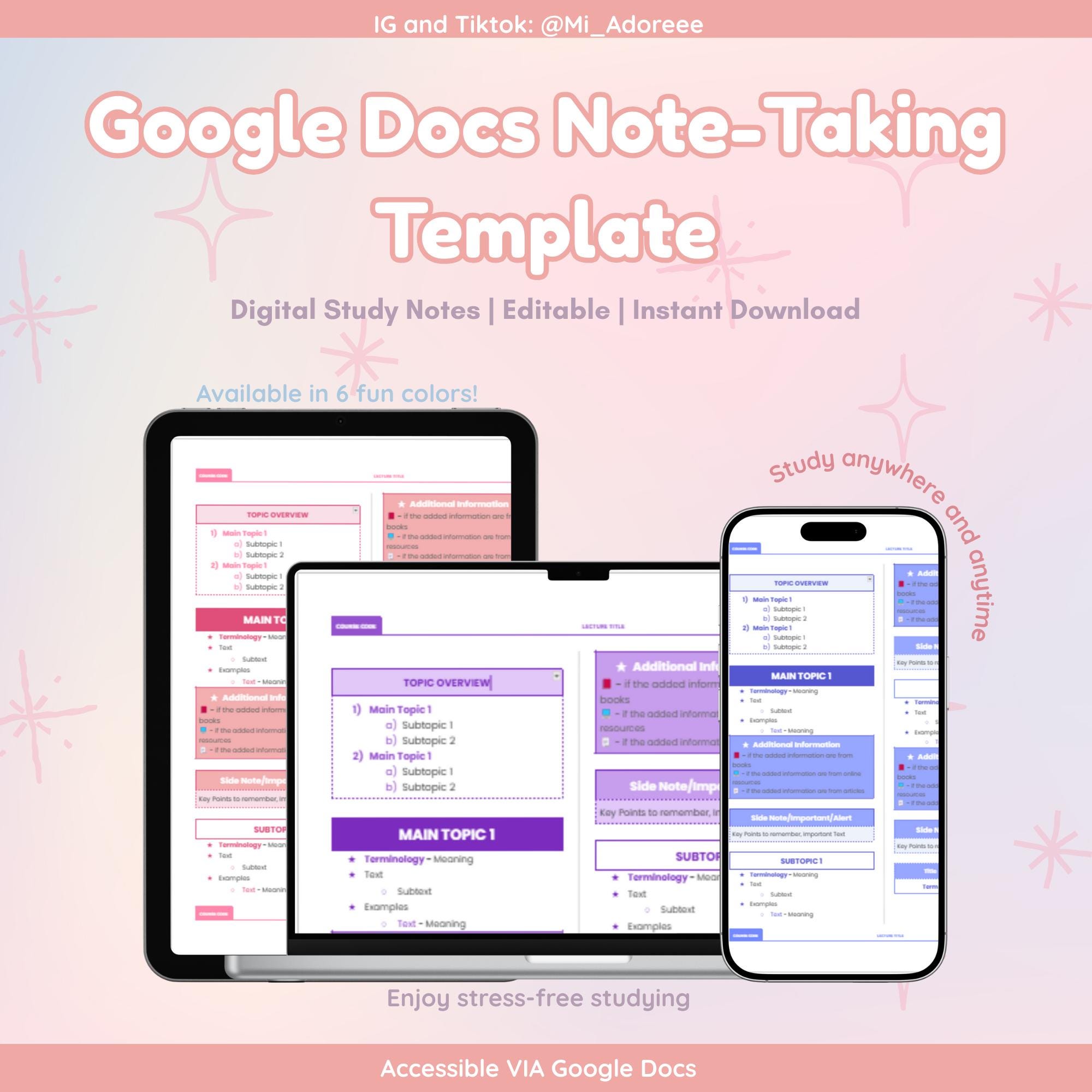 Minimalist Pastel Google Docs Note-Taking Template, Digital Study Notes, Editable Study Templates, Ready to Use Templates