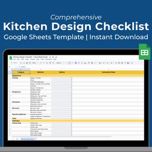 Kitchen Design Checklist, Editable Google Sheet Planner Template with Dropdown Lists, Interior Design Selections for Remodels and New Builds