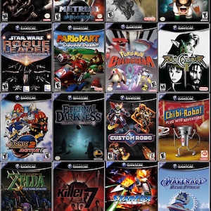 May include: A collection of twenty Nintendo GameCube video game cases arranged in a grid. Titles include Resident Evil 4, Metroid Prime 2 Echoes, The Legend of Zelda Twilight Princess, Luigi's Mansion, Star Wars Rogue Leader, Mario Kart Double Dash, Pokemon Colosseum, SoulCalibur II, Sonic Battle, Eternal Darkness, Custom Robo, Chibi-Robo, The Legend of Zelda Four Swords Adventures, Killer7, Star Fox Assault, Wave Race Blue Storm, TimeSplitters 2, and Disney Sports games.