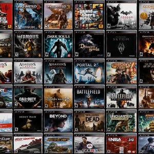 May include: A collection of forty-eight PlayStation 3 video game cases arranged in a grid. Each case features distinct cover art, titles, and the PS3 logo at the top. The titles include The Last of Us, Red Dead Redemption, Uncharted, and others.