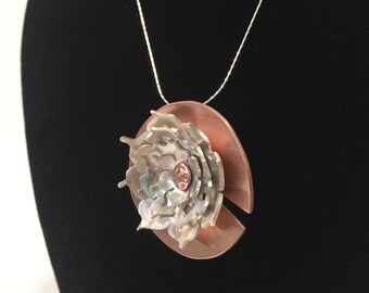 Mixed Metal Lotus Pendant - Hand Fabricated Solid Sterling Silver & Copper Reiki Infused Necklace