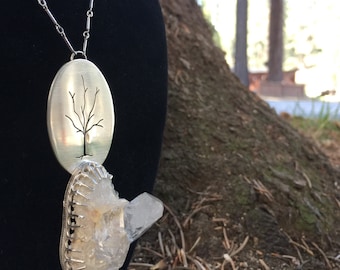 Growing Series #5 - Raw Quartz Crystal Cluster With A Tree Growing From The Stone - Sterling Silver Reiki Infused Neclace