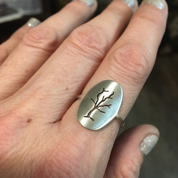 Size 7 -Sterling Silver Hand Fabricated Tree Ring -  Reiki Infused