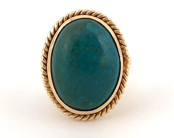 Vintage 18k Yellow Gold Turquoise Ring Size 5 | Oval Cabochon Deep Blue Turquoise Rope Bezel | Estate Jewelry