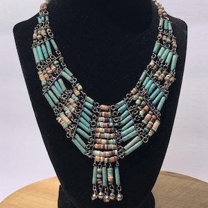 Vintage Egyptian Revival Collar Necklace | Ancient Faience Beads | Boho Tribal Jewelry | Cleopatra Style