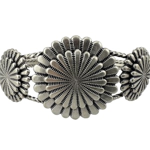 Darrell Morgan Attributed DM Signed Sterling Silver Three Concho Cuff Bracelet, Southwestern Overlay Sterling Silver Cuff 32g