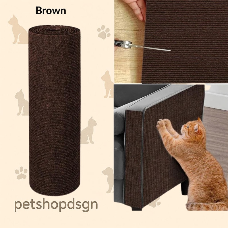 May include: A rolled-up brown cat scratching post protector. The image shows the product being cut and applied to a sofa corner. A cat is shown scratching the protector. The text "Brown" and "petshopdsgn" are visible.