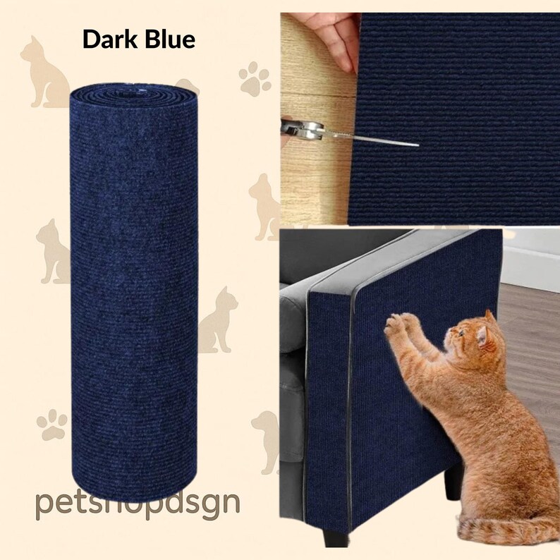 May include: Dark blue cat scratching furniture protector. The image shows a roll of dark blue fabric, a piece of fabric being cut, and a cat scratching a piece of the fabric attached to a sofa. The text "Dark Blue" is visible.