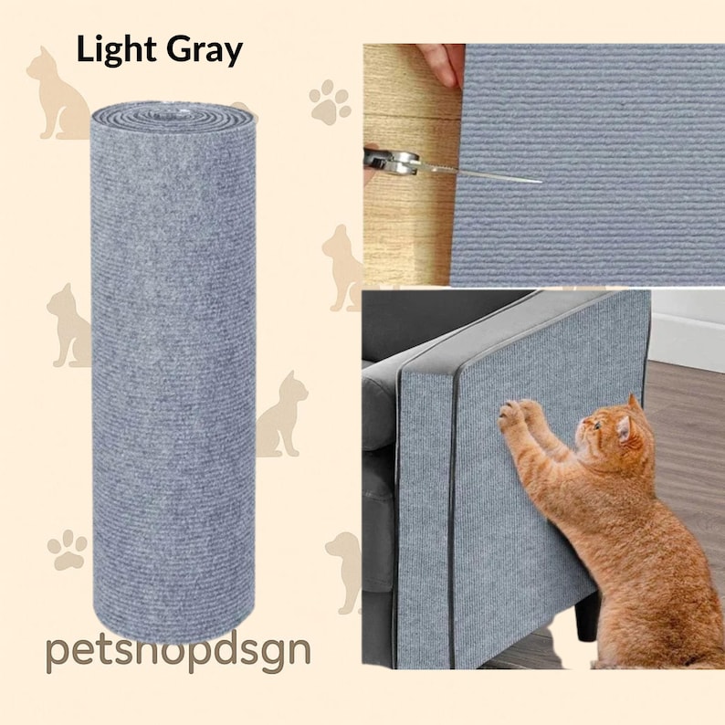 May include: A roll of light gray cat scratch protector. The image shows the product being cut with scissors and applied to a sofa corner. A cat is scratching the protected corner. The text "Light Gray" and "petshopdsgn" are visible.