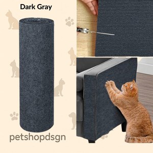 May include: Dark gray cat scratching post protector. The image shows a rolled-up dark gray carpet, a close-up of the carpet being cut with scissors, and a cat scratching the carpet. The text "Dark Gray" and "petshopdsgn" are visible.