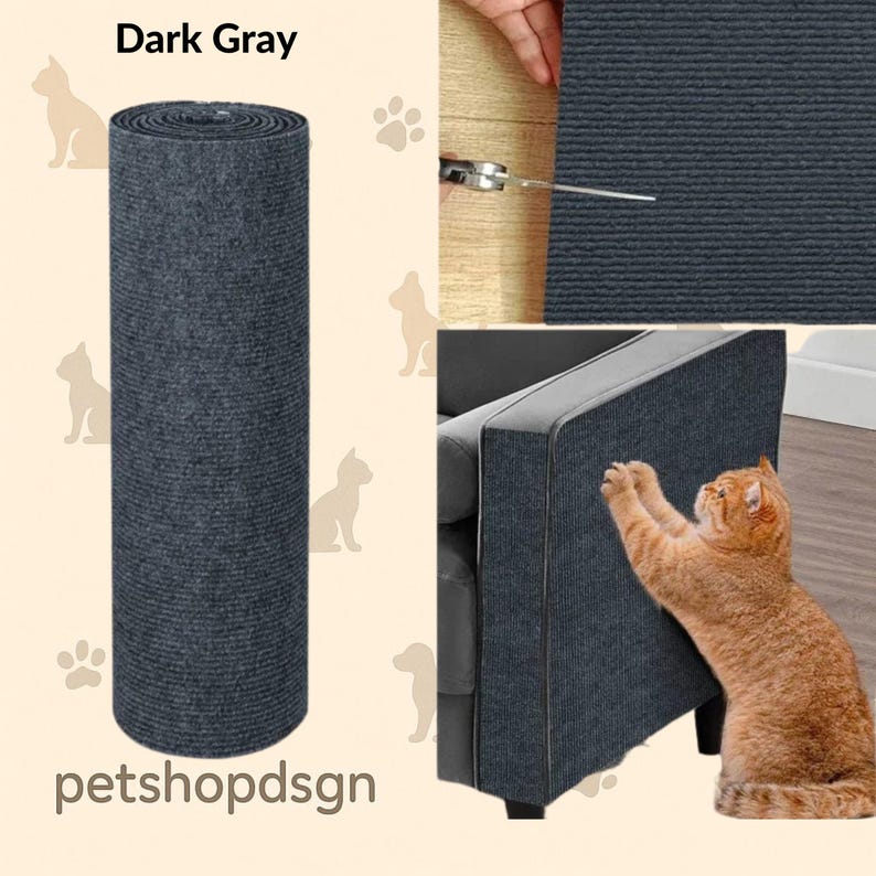 May include: Dark gray cat scratching post protector. The image shows a rolled-up dark gray carpet, a close-up of the carpet being cut with scissors, and a cat scratching the carpet. The text "Dark Gray" and "petshopdsgn" are visible.