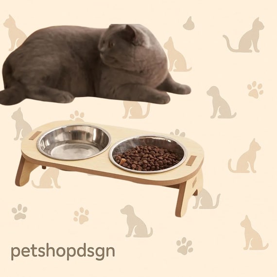 木製スタンド付き ステンレスペット食器 猫・小型犬用 ダブルボウル ダブルキャットボウル、ステンレススチール製ペットボウル、小型・中型