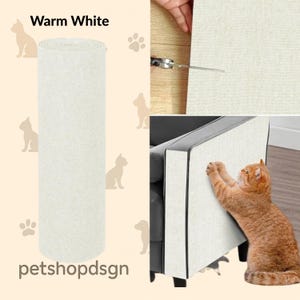 May include: A roll of warm white fabric, possibly for furniture protection, with the text "Warm White" and "petshopdsgn". A cat scratches a panel of the same fabric attached to a sofa. Scissors cut the fabric.