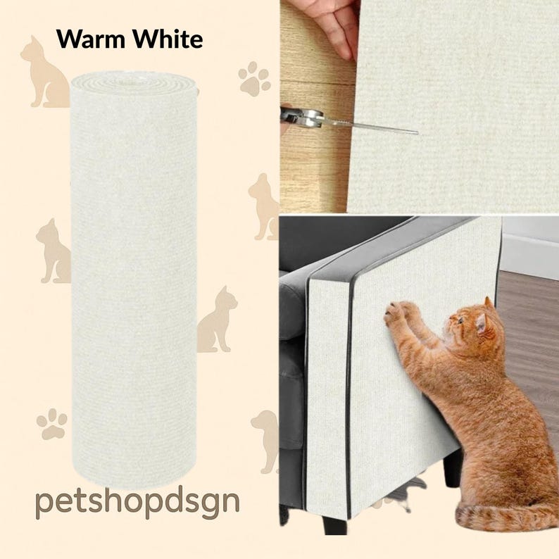 May include: A roll of warm white fabric, possibly for furniture protection, with the text "Warm White" and "petshopdsgn". A cat scratches a panel of the same fabric attached to a sofa. Scissors cut the fabric.