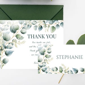 Juego de 2 tarjetas de agradecimiento, tarjetas para colocar nombres, tarjetas editables con vegetación, paquete de tarjetas de agradecimiento para bodas, decoración de mesa para bodas con vegetación