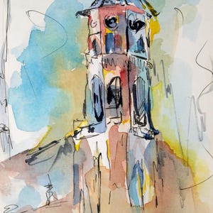 Handmade Watercolor Original Unique Sketch A5 - Clock tower - Unique Wall Art Gift Home Decor