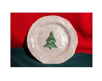 Decorative ceramic christmas tree plate, handmade collectible home decor