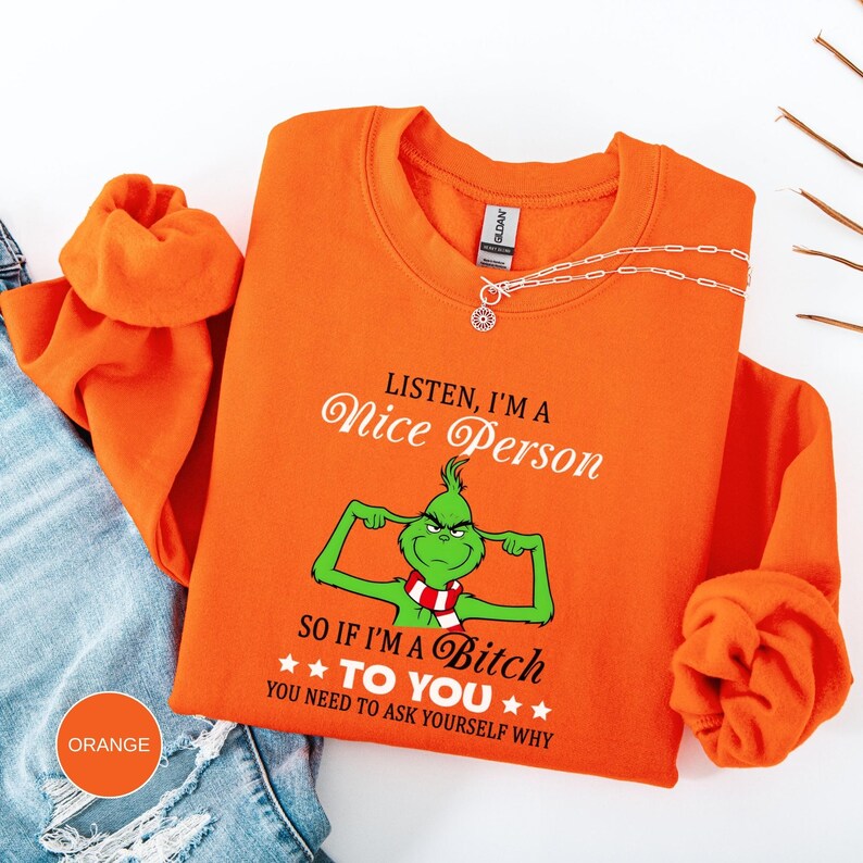 Op de afbeelding: Fel oranje sweatshirt met een groene cartoonfiguur en de tekst "Listen, I'm a Nice Person". De afbeelding bevat ook de tekst "So if I'm a Bitch to You, You Need to Ask Yourself Why."