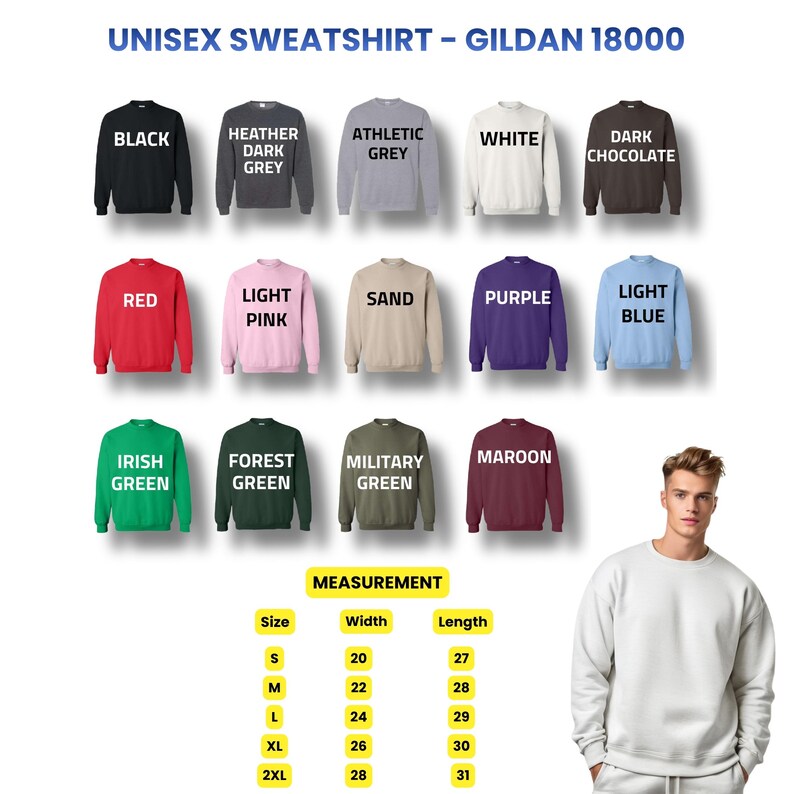 Op de afbeelding: Een display van Gildan 18000 unisex sweatshirts in diverse kleuren, waaronder zwart, rood en wit. De afbeelding bevat een maattabel met afmetingen in cm, vari&euml;rend van maat S tot 2XL, met breedtes en lengtes.