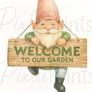 Watercolor Gnome Welcome Sign Clipart | Digital Download | Garden Gnome Wall Art | Whimsical Nursery Decor | Instant Download