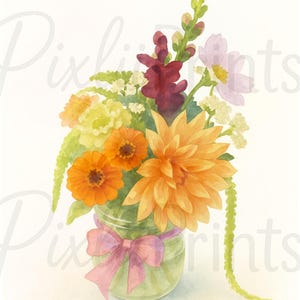 Levendig boeket, aquarelbloemen in glazen pot met roze lint | Digitale download | Muurkunstprint met bloemen
