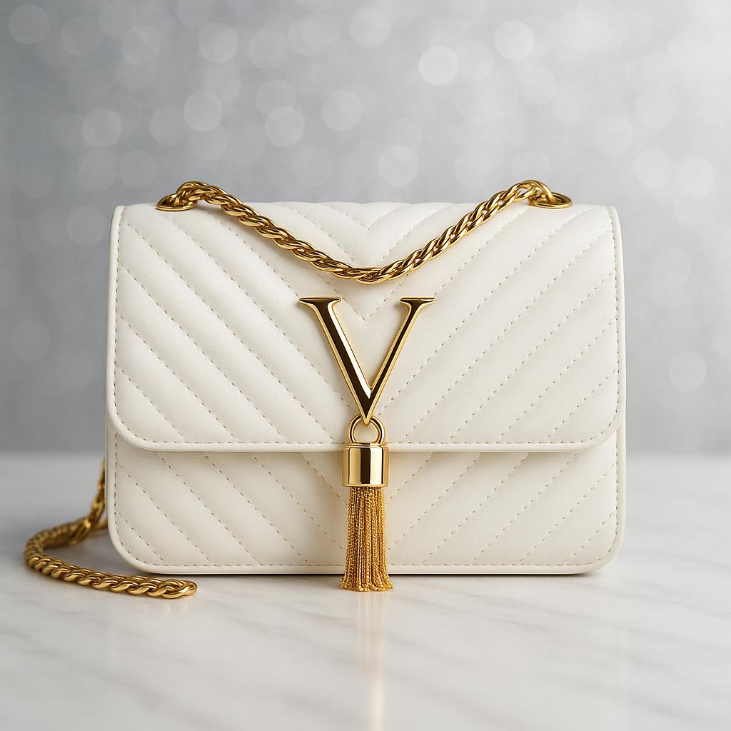 Limited Edition Handcrafted Exquisite White Quilted Leather V-Tassel Chain Clutch โ Luxury Bridal & EVJF Handbag, Gold-Plated Designer Purse