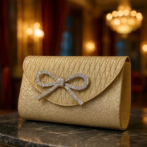 Cartera de mano nupcial con purpurina dorada y detalle de lazo plateado: bolso de noche exclusivo y lujoso para novia y damas de honor, un elegante regalo EVJF.
