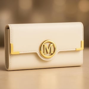 Exquisite Exclusive Ivory Leather Clutch Wallet Gold M Emblem – Luxury Bridal EVJF Gift, Premium Craftsmanship, Timeless Elegance, Heirloom