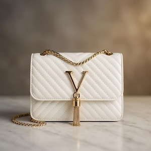 Handgefertigte, exquisite Clutch aus weißem gestepptem Leder mit V-Quaste und Kette in limitierter Auflage – Luxuriöse Braut- und EVJF-Handtasche, vergoldete Designer-Handtasche