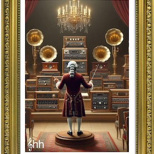 Gli appassionati di HiFi della storia Mozart con un HiFi con trombe Stampa artistica digitale in edizione limitata